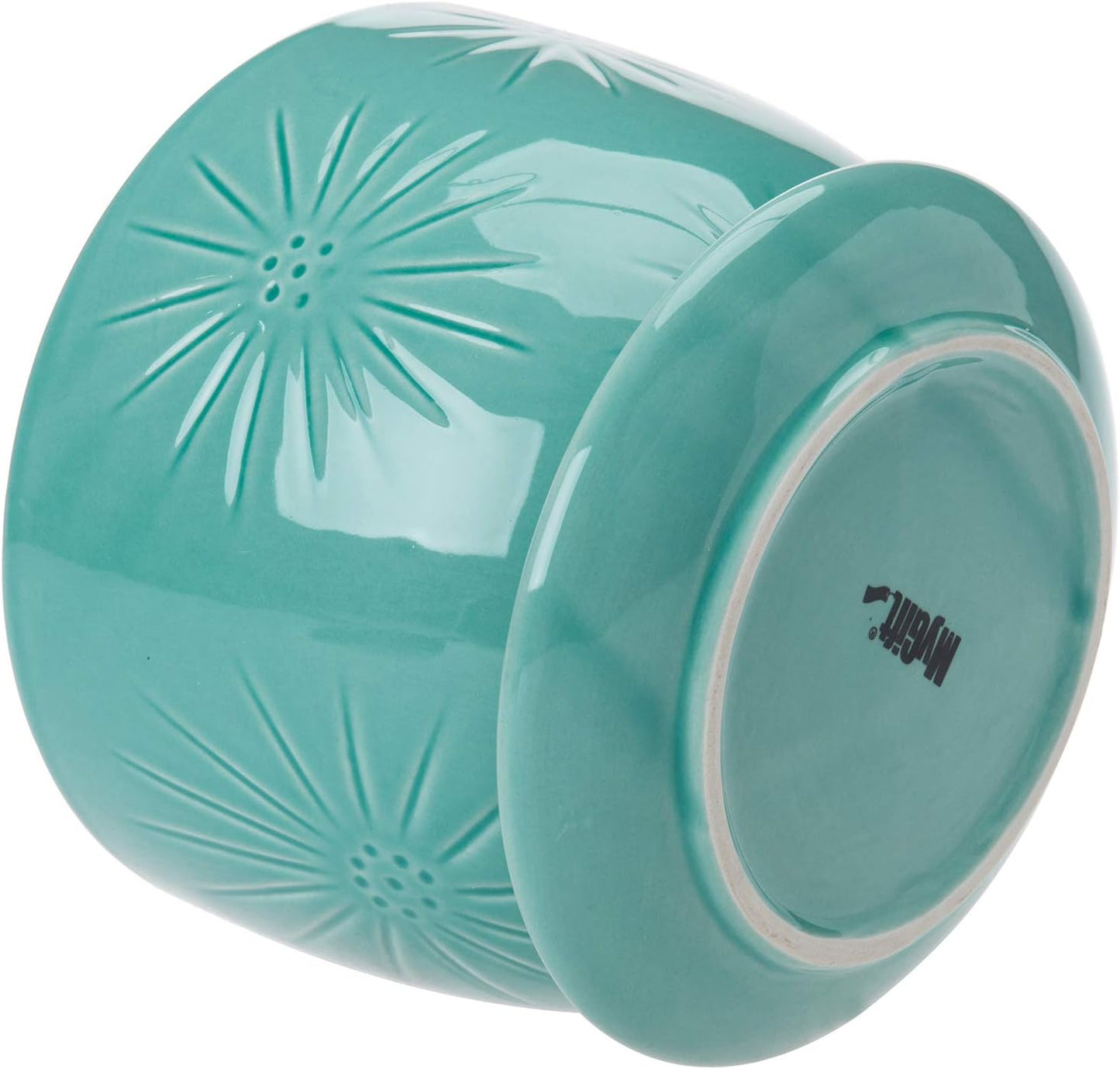 MyGift 7 Inch Round Turquoise Ceramic Plant Pot with Drainage Hole and Attached Saucer, Modern Decorative Embossed Sunburst Planter Container for Indoor Home Garden
