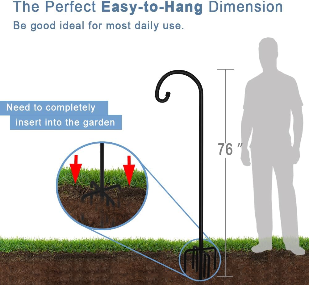 76 inch Outdoor Shepherd Hook with 7 Prong Base (1 Pack), Adjustable Heavy Duty Garden Hanging Stake for Bird Feeder Solar Light Plant Hanger Wedding Decor, Matte Black