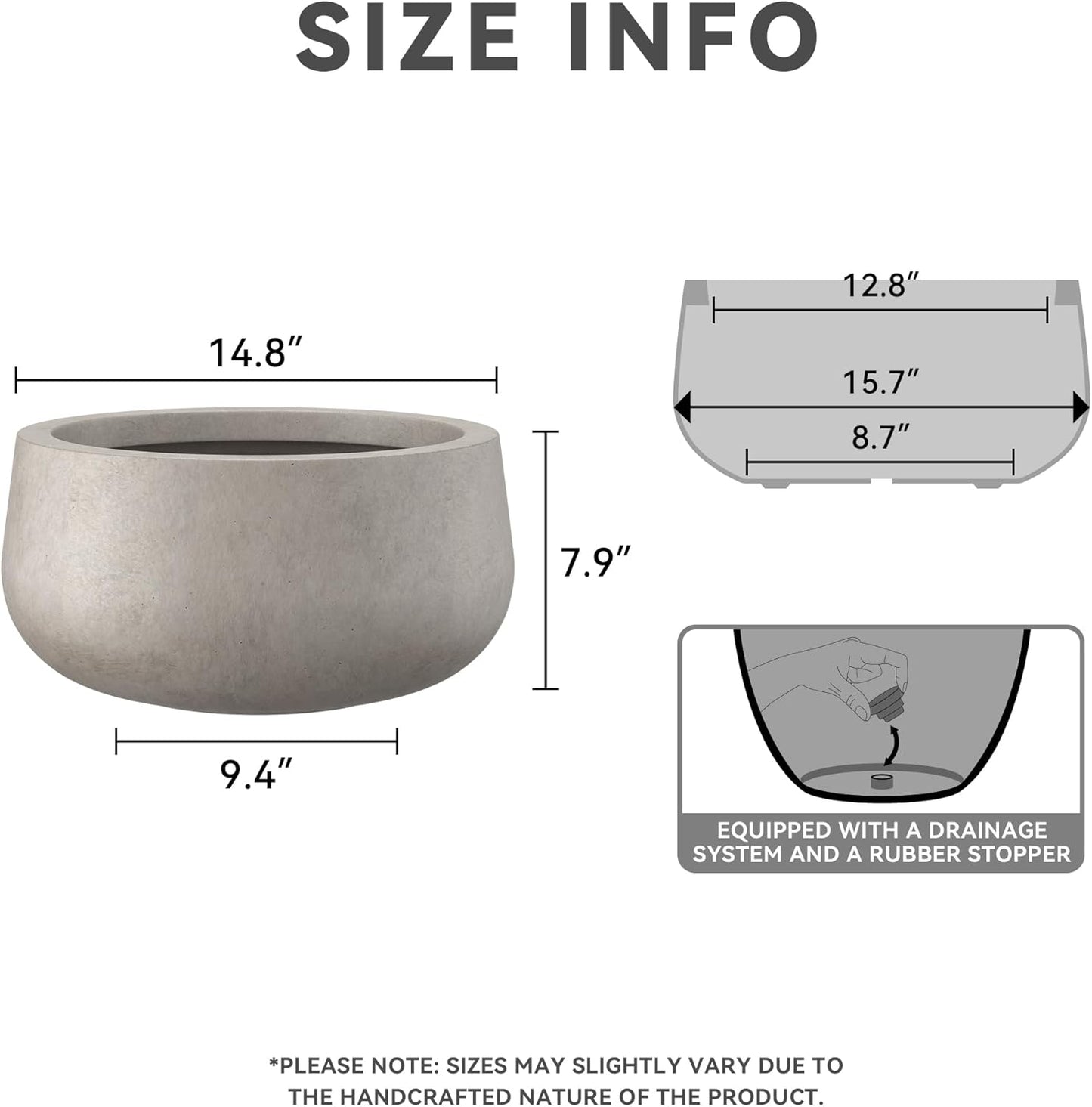 Kante 15.7" Dia Round Concrete Planter, Outdoor Indoor Garden Plant Pots with Drainage Hole and Rubber Plug, Modern Curvaceous Design, Weathered Concrete