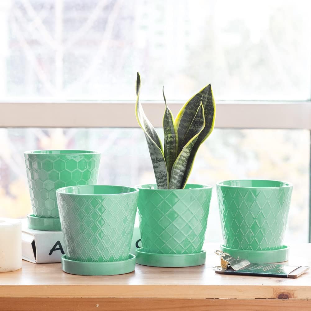 EFISPSS Flower Planter –5 inch Ceramic Plant Pots with Drainage Holes and Ceramic Tray - Gardening Home Desktop Office Windowsill Decoration Gift Set of 4 - Plants NOT Included