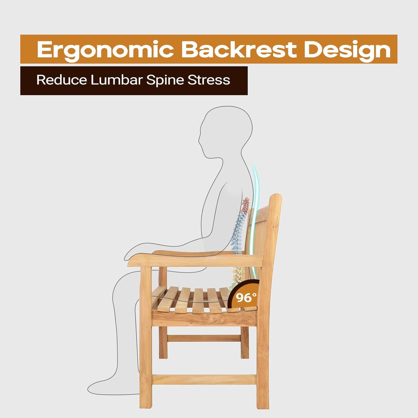 A-Grade Natural Teak Bench - Outdoor Garden Bench with Curved Backrest & Arch Armrest, Patio Bench - All-Weather 100% Solid Teak Wood 2-Person Park Bench for Yard, Lawn