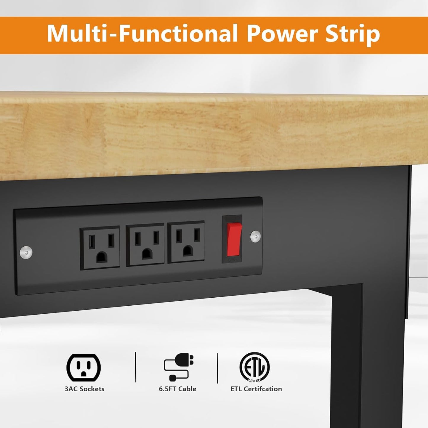 60" Work Bench, Adjustable Height Workbench with Rubber Pad, Heavy-Duty Work Table with Power Outlets, 2000 LBS Capacity Workstation for Garage, Workshop, Office, Home