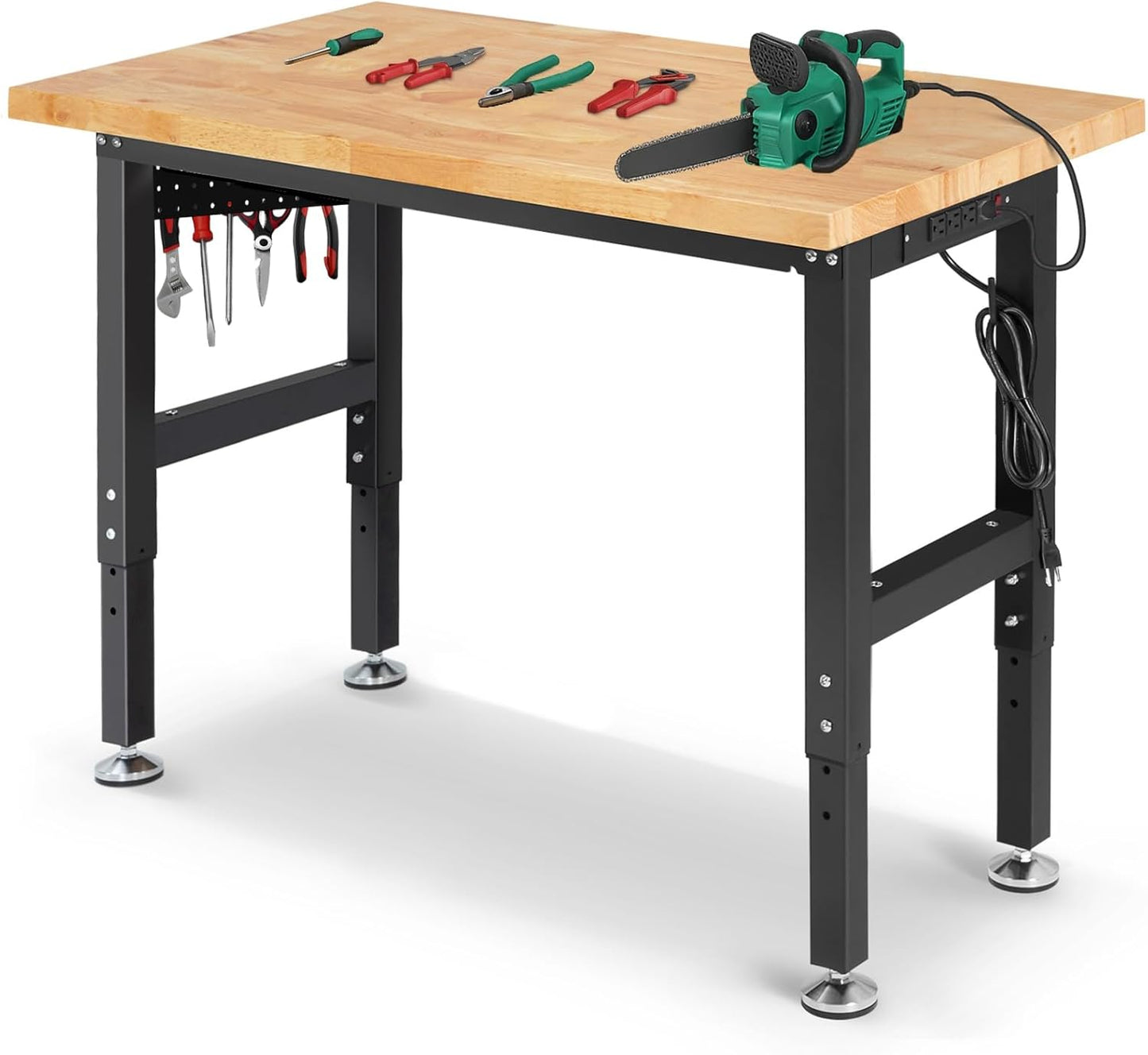 Work Bench for Garage 48 x 20 Inch Adjustable Height Rubberwood Tabletop Work Table with Pegboard, Power Outlets Garage Workbench for Woodworking Shop, Home, Office, Electronic Cutting Wood