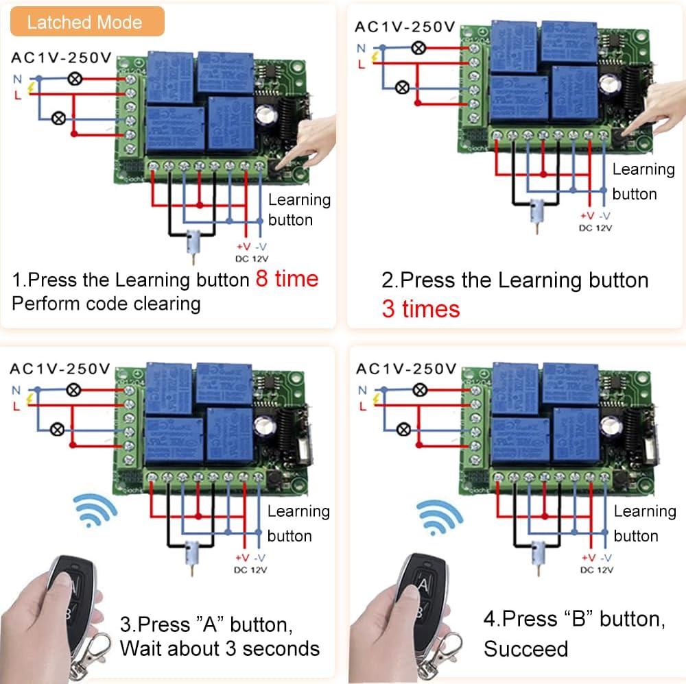 QIACHIP Universal 12V 4CH Wireless Relay Remote Module Switch RF 433Mhz with Remote Control Key Fob 2 Transmitters 1 Receiver for Light Garage Door Electric Gate,Momentary Toggle Latched(KR1204)