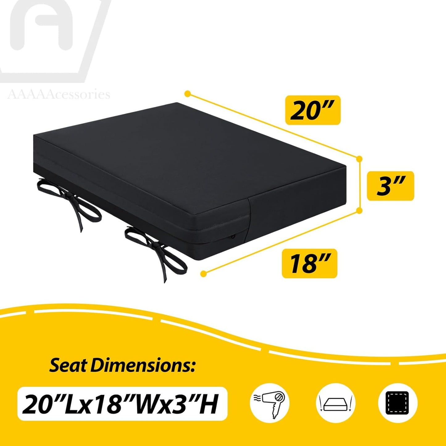 AAAAAcessories Outdoor Seat Cushions for Chairs, Waterproof, Fade-Resistant Patio Furniture Replacement Cushions, 20" x 18" x 3", Set of 2, Black