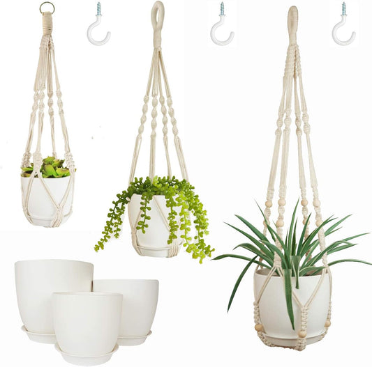 Macrame Plant Hangers with Pots and Saucers, 3 Pack Hanging Planters for Indoor Plants Hanging Plant Holders with Hooks 34" / 26" / 20"