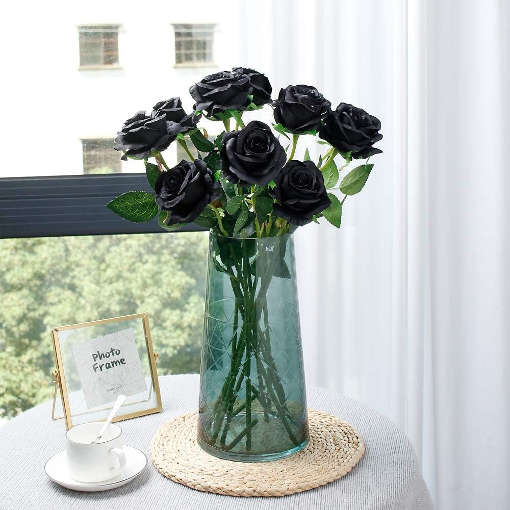 Black Fake Roses Artificial Flowers - 10 Pcs Fake Artificial Roses Silk Flowers with Stems for Home Wedding Hotel Office Centerpiece Decor