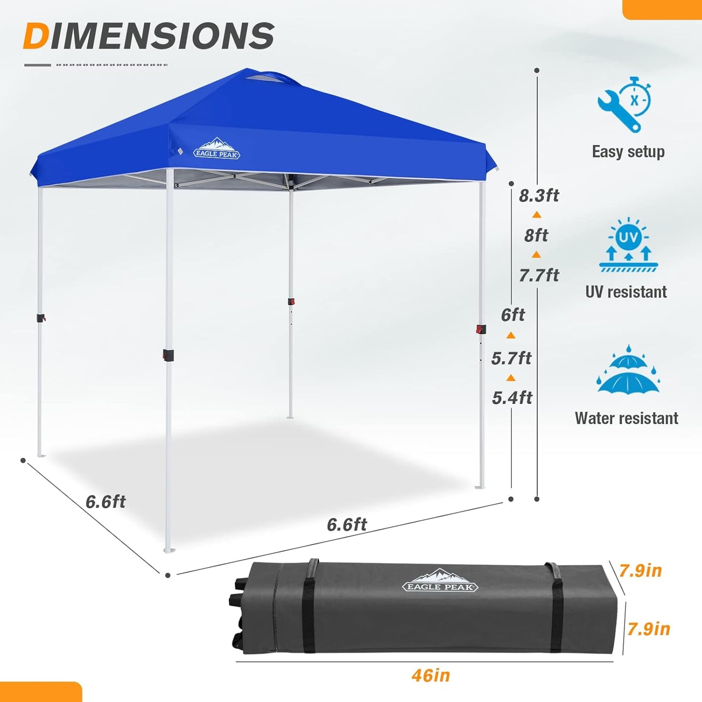 EAGLE PEAK Pop Up Canopy Tent with Wheeled Carry Bag, 8 Stakes, 4 Ropes, Easy Set Up Tent Canopy, 6.6x6.6 ft, Blue