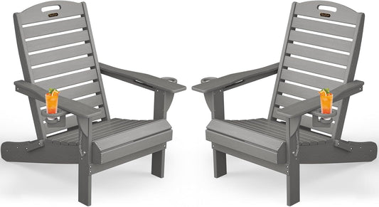 Adirondack Chairs Set of 2, Outdoor Fire Pit Chairs, HDPE All-Weather Adirondack Chairs with Cup Holder, Lawn Chair for Deck, Patio, Garden (Grey)