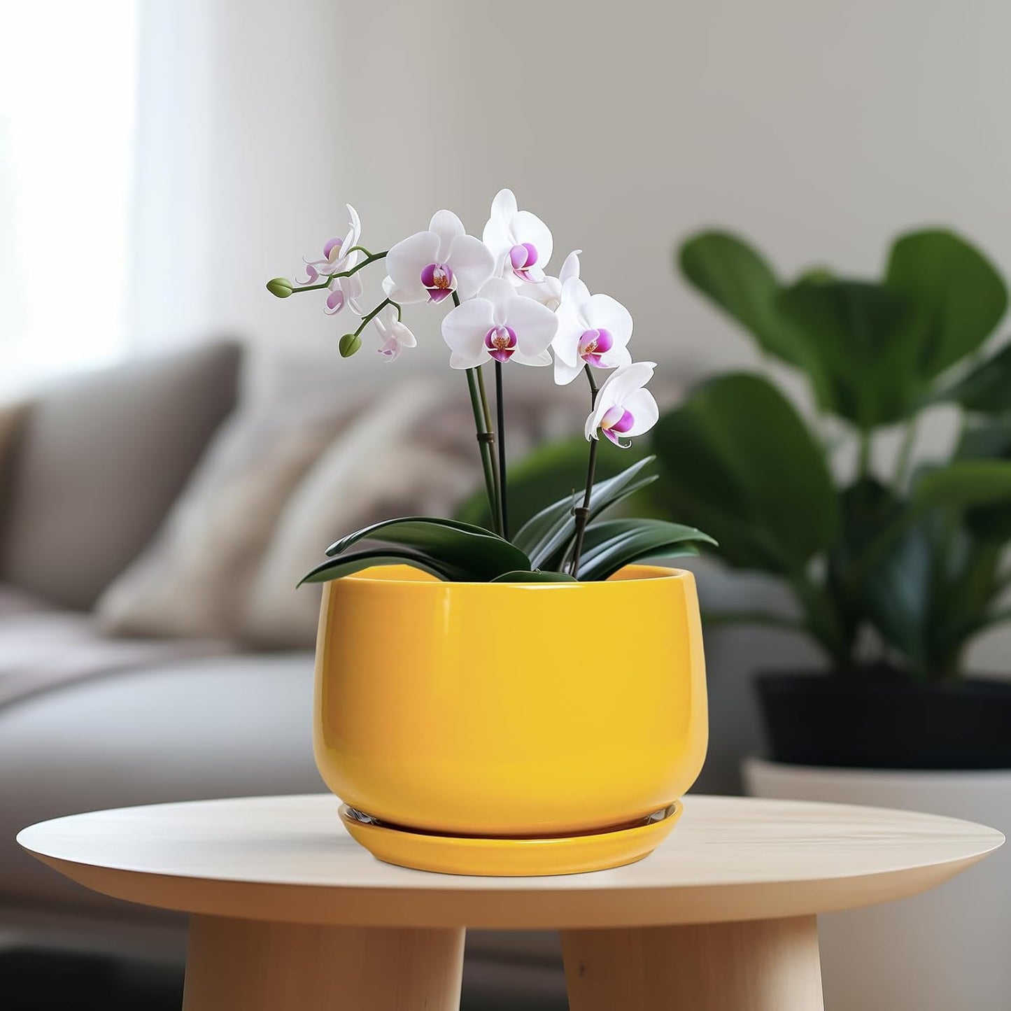 G EPGardening Ceramic Pots for Plants - 7 Inch Plant Pot with Drainage Hole and Saucer, Modern Ceramic Planter for Indoor Outdoor, Round Flower Planter, Gifts for Plants Lovers, Home Decor, Yellow