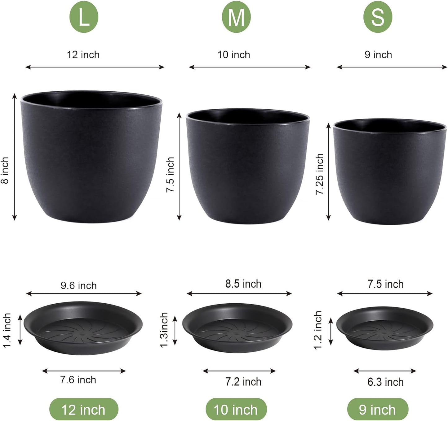 12/10/9 inch Big Flower Pots, 3 Pack Modern Decorative Plastic Planters with Drainage Holes and Tray, Plant Pots for Indoor Outdoor Plants, Black