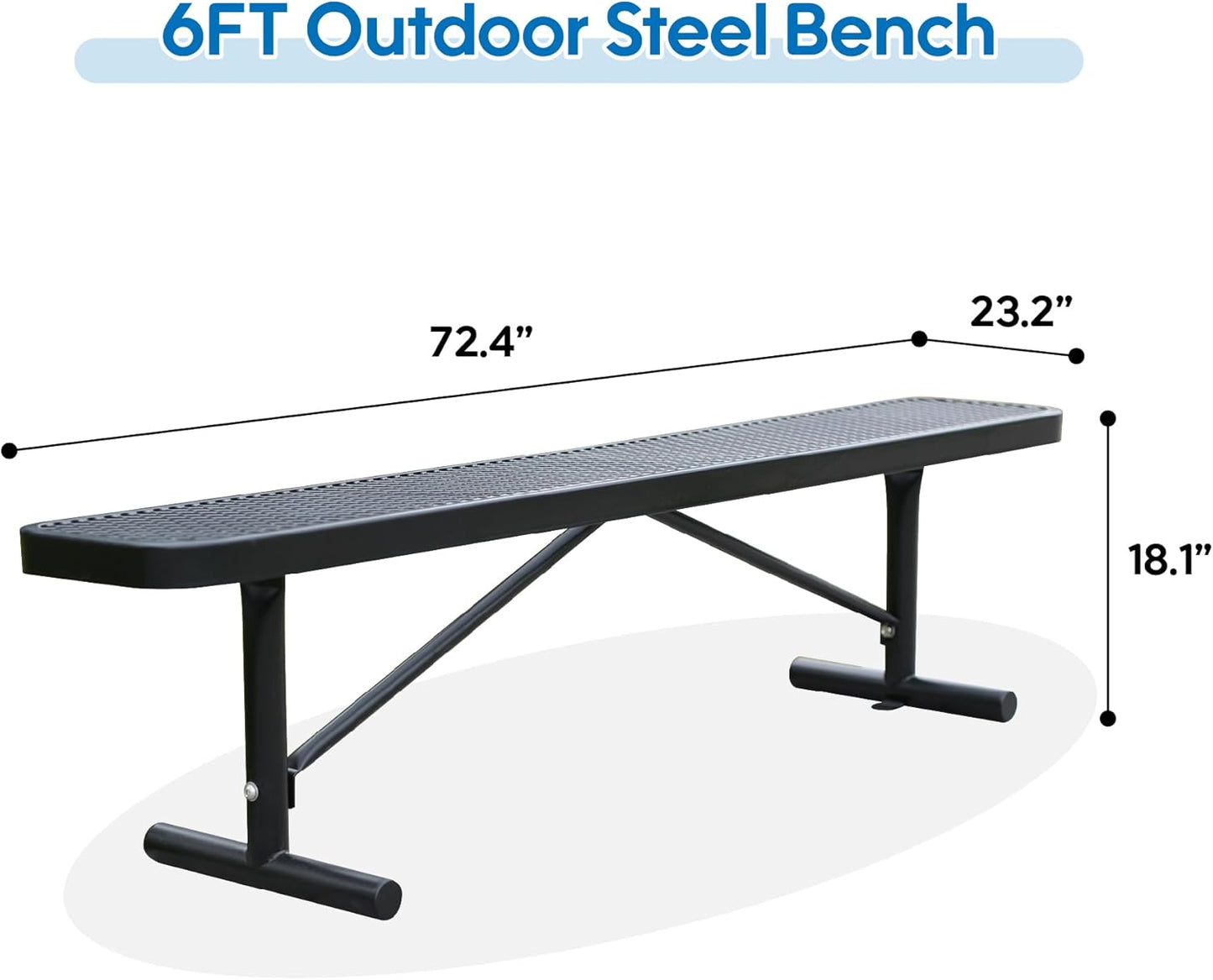 72" L Steel Flat Bench Garden Bench, Black Outdoor Park Bench Weather-Resistant Steel Metal, Patio Seating for Front Porch Backyard Park Outside, Metal Benches for Outside to dodrill to Ground