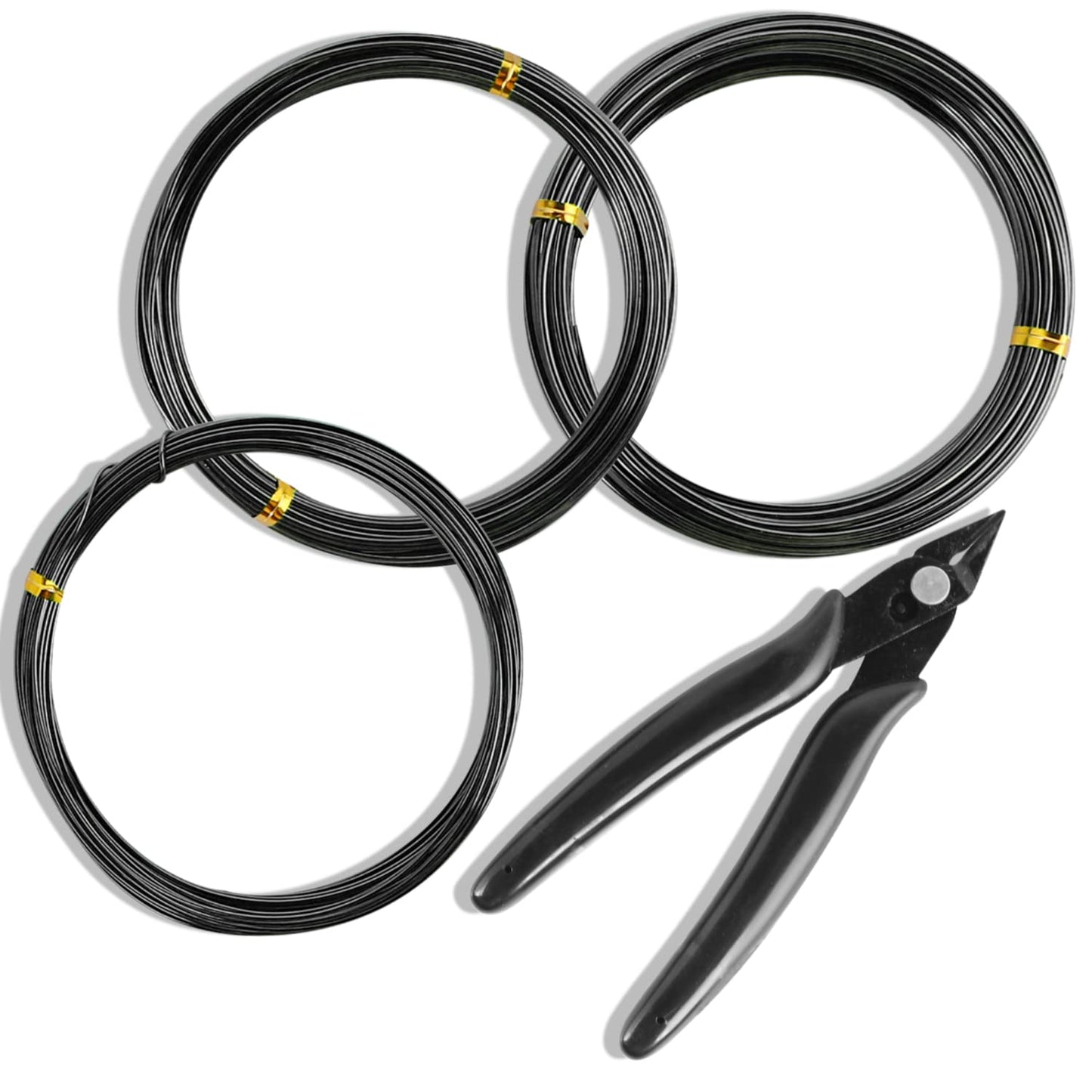 Sanlykate Bonsai Wire Tool Kit with Cutter, 3 Roll Tree Training Wires 98 Feet Total, 1.0mm, 1.5mm, 2.0mm Anodized Aluminum Wire Set, Hold Plant Branches Trunks - Black