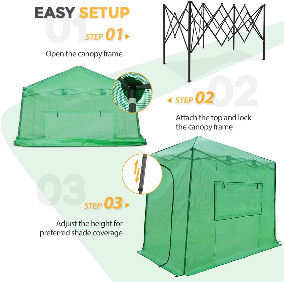 EAGLE PEAK Instant Pop-up Greenhouse, Indoor Outdoor Plant Gardening Green House, Roll-Up Zipper Doors and Side Windows, Lean-to 10x5 ft, PE Cover, Green/Clear