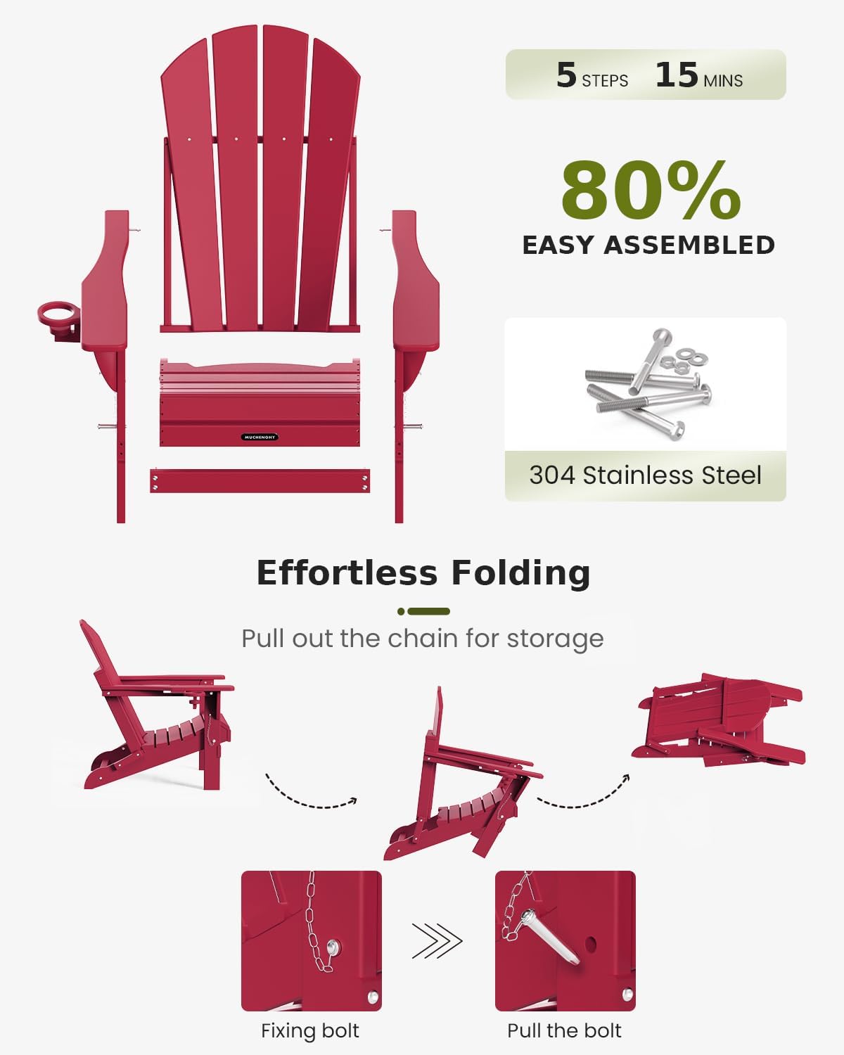 MUCHENGHY Folding Adirondack Chairs Set of 2, Patio Chairs, Lawn Chairs, Outdoor Chairs, Adirondack Chair Plastic, Fire Pit Chairs, Weather Resistant with Cup Holder for Deck, Backyard, Garden(Red)