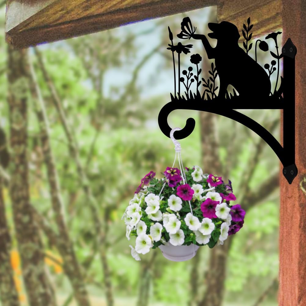 Peacoblue Iron Plant Hangers Holder for Outdoor Indoor Hanging Plants Fern Pots, Lantern, Bird Feeder, Wind Chimes, 12”x14” Dog Weather Resistant Metal Wall Brackets Hooks for Porch, Garden, Home(Dog)