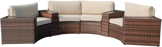 SUNSITT Outdoor Patio Furniture 8-Piece Half-Moon Curved Sofa Set Brown PE Wicker Sectional Conversation Set with Cushions(Beige)