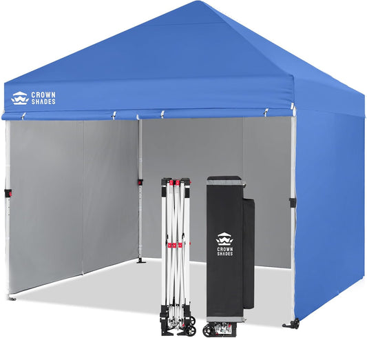 CROWN SHADES Pop Up Canopy Tent, 8x8 Commercial Canopy Tent with 4 Sidewalls, 4" Wheels, 4 Upgraded Weights, Patented Centerlock, 400D Fabric, Sto'N Go Bag, Blue