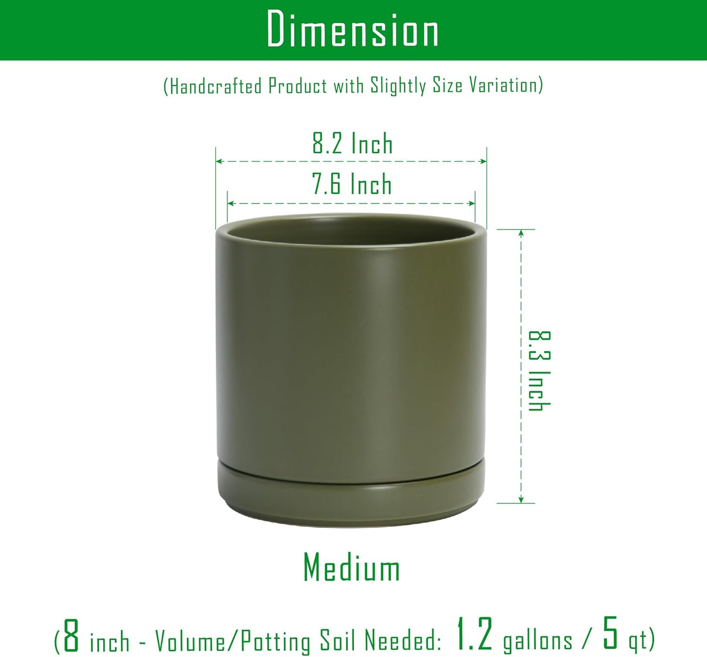 D'vine Dev 8 Inch Ceramic Planter Pot with Drainage Hole and Saucer, Indoor Cylinder Round Planter Pot, Olive, 94-O-D-J