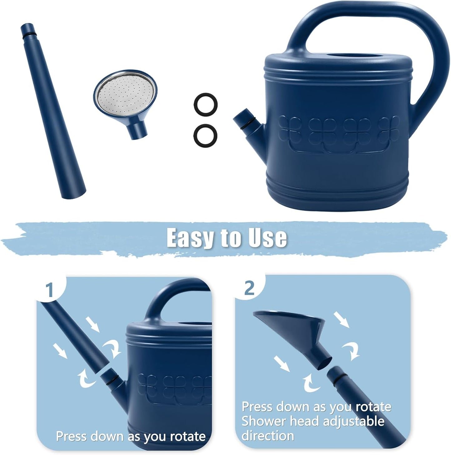 2 Gallon Watering Can, Outdoor Watering Can for Plants, Garden Water Can with Removable Long Spout and Stainless Steel Sprinkler Head, Large Water Can for Greenhouse (Dark Blue, 2 Gallon)