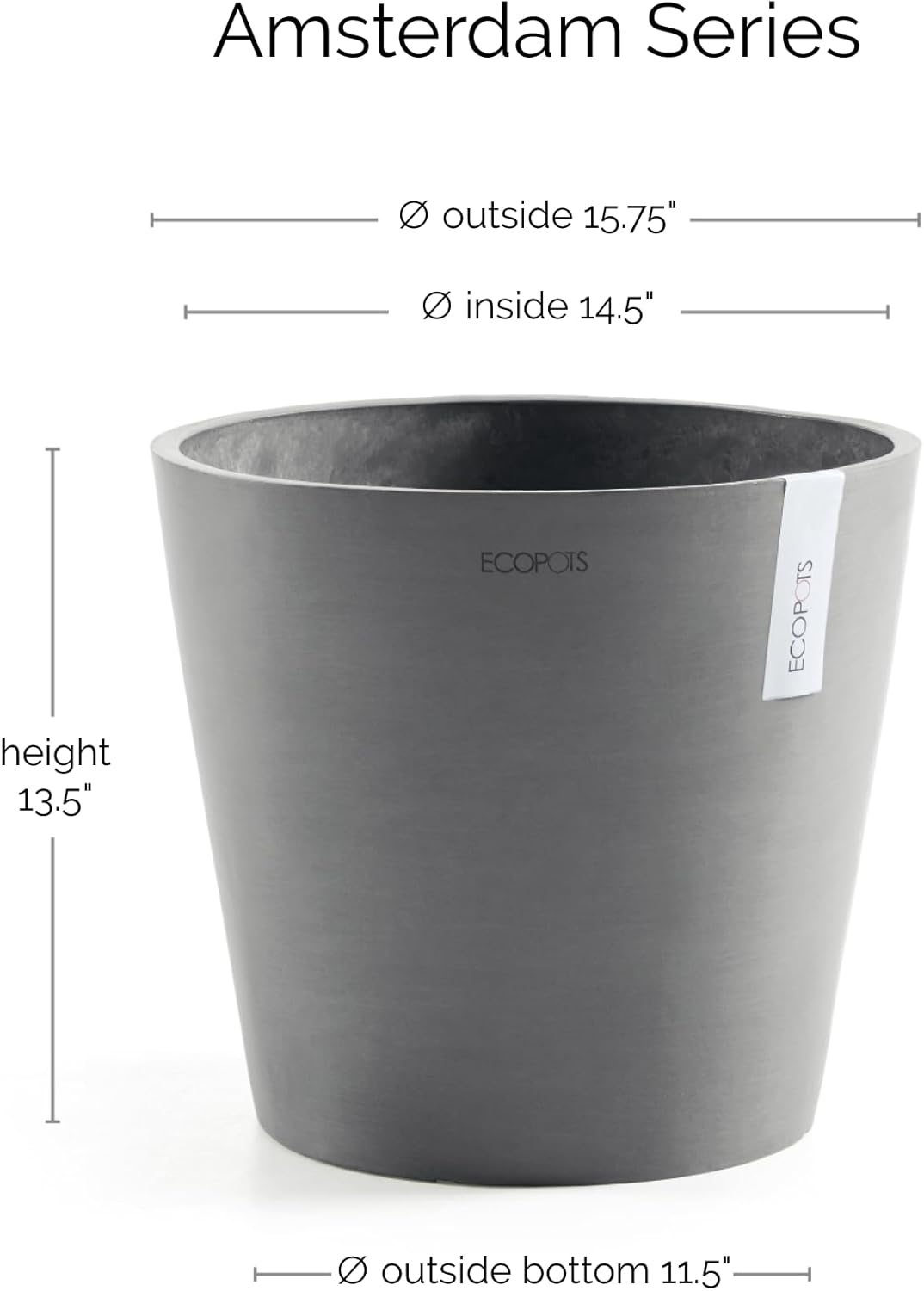Ecopots Amsterdam Durable Modern Round Indoor/Outdoor Recycled-Based Composite Flower Pot Planter, Grey, 16"