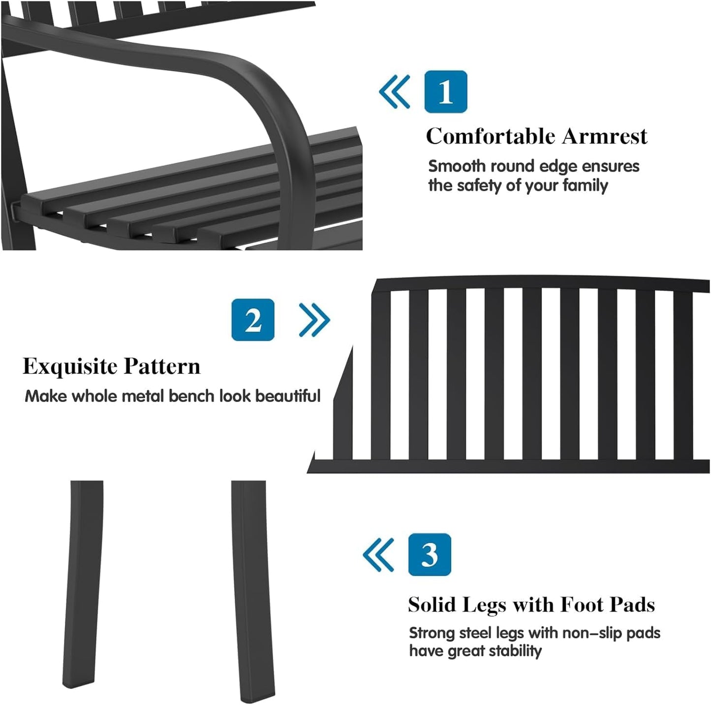 On Shine 50'' Outdoor Bench Weatherproof, Cast Iron All Metal Frame Garden Bench, Anti-Rust Patio Park Bench Clearance for Front Porch, Yard, Lawn, Deck