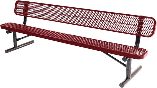 Coated Outdoor Furniture Heavy-Duty Portable Outdoor Bench Thermoplastic Coated, Expanded Metal, Commercial-Grade Seating, Made in America (Portable with Back, 8 Ft, Burgundy)