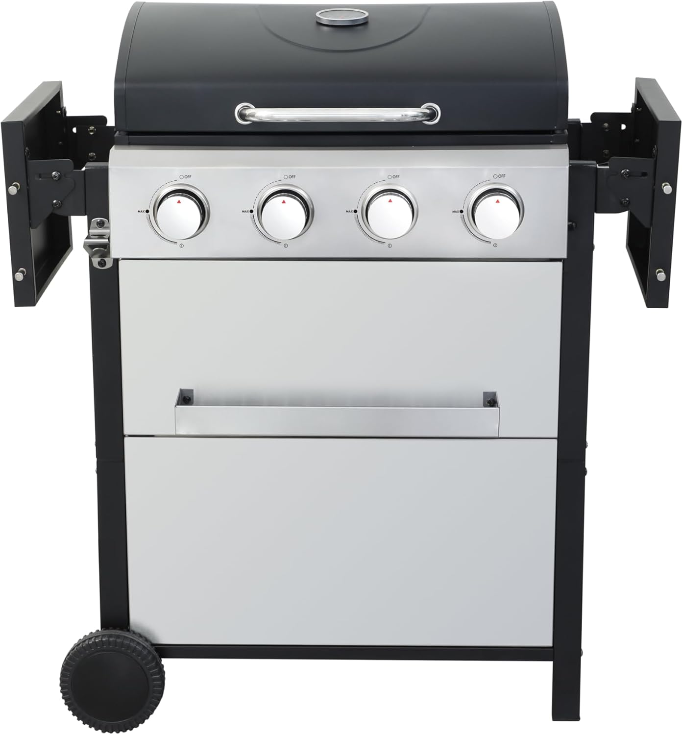 4-Burner Propane Gas BBQ Grill, 34,200 BTU Output, Wire Enamel Cooking Grates, Foldable Side Table and Hanging Basket, Stainless Steel Grill for Outdoor Cooking