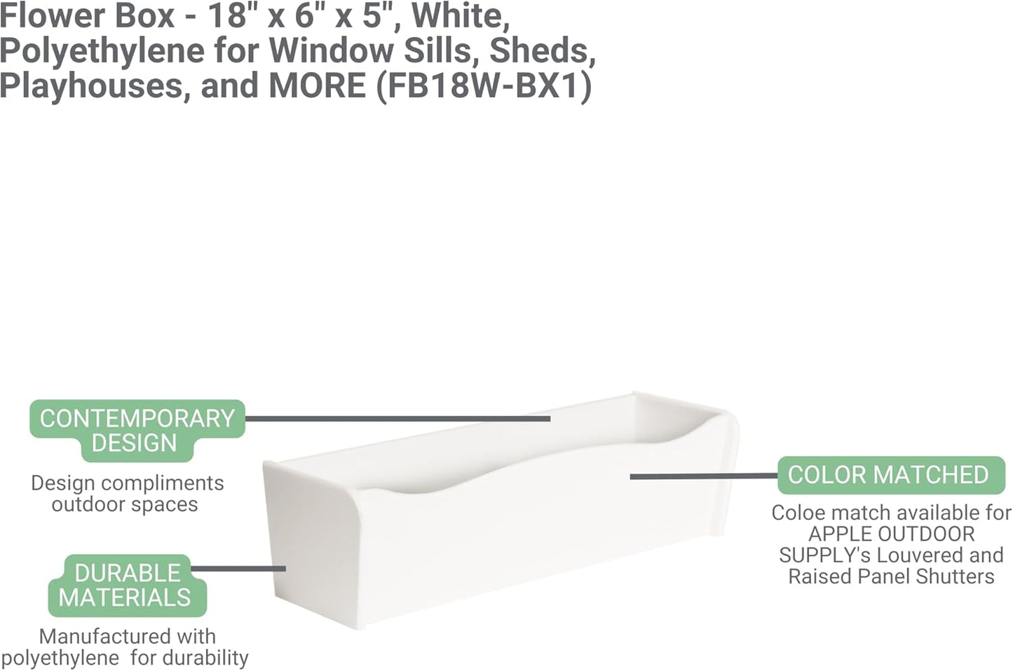 Flower Box 18" x 6" x 5" Gray Polyethlene for Window Sills, Sheds, and Playhouses, 1 PK (FB18GY-BX1)