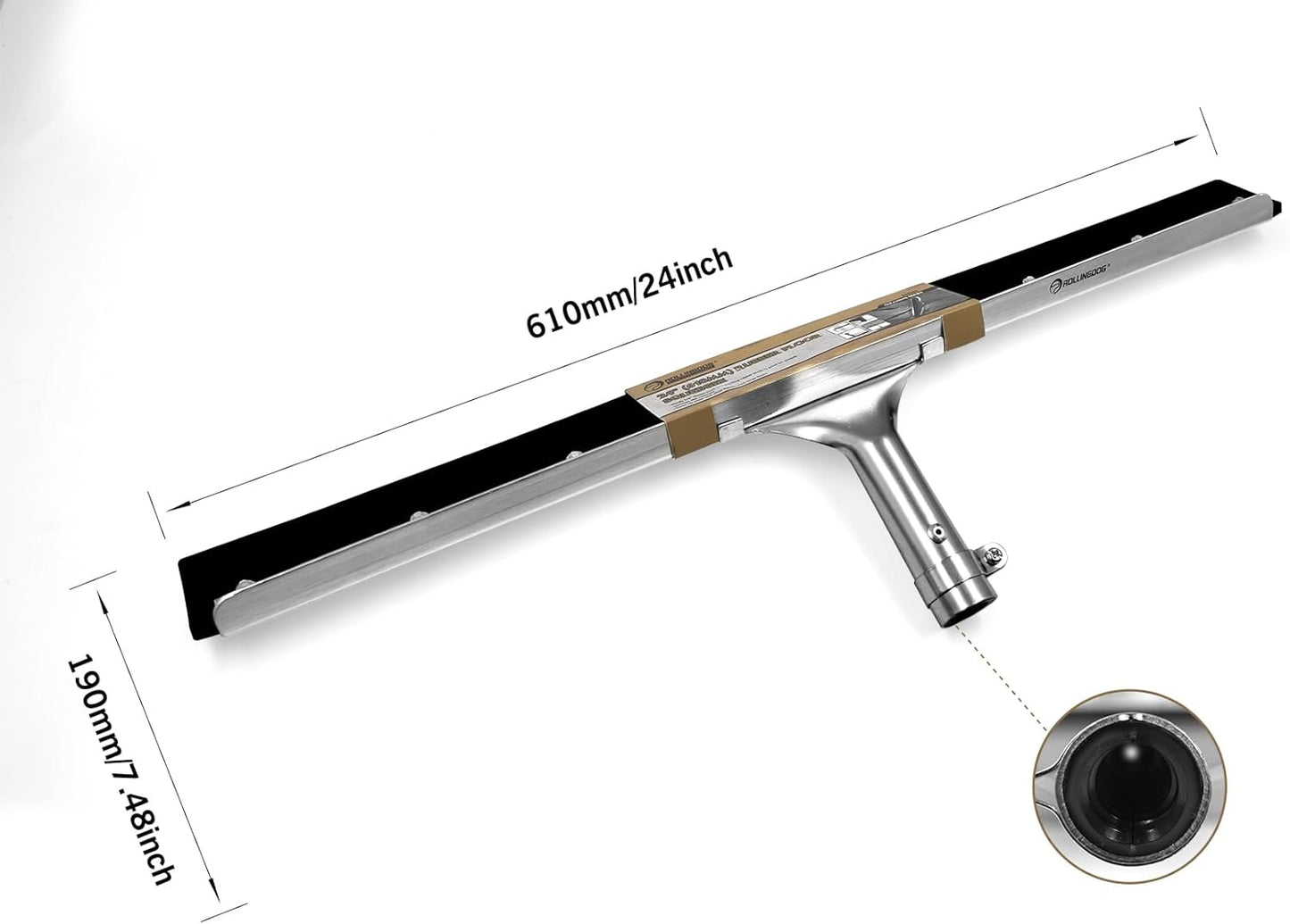 ROLLINGDOG 24" Rubber Floor Squeegee Attachable Extension Pole with 1/4" Non-Marking Blade for Concrete and Large Floor,Garage,Warehouse Cleaning