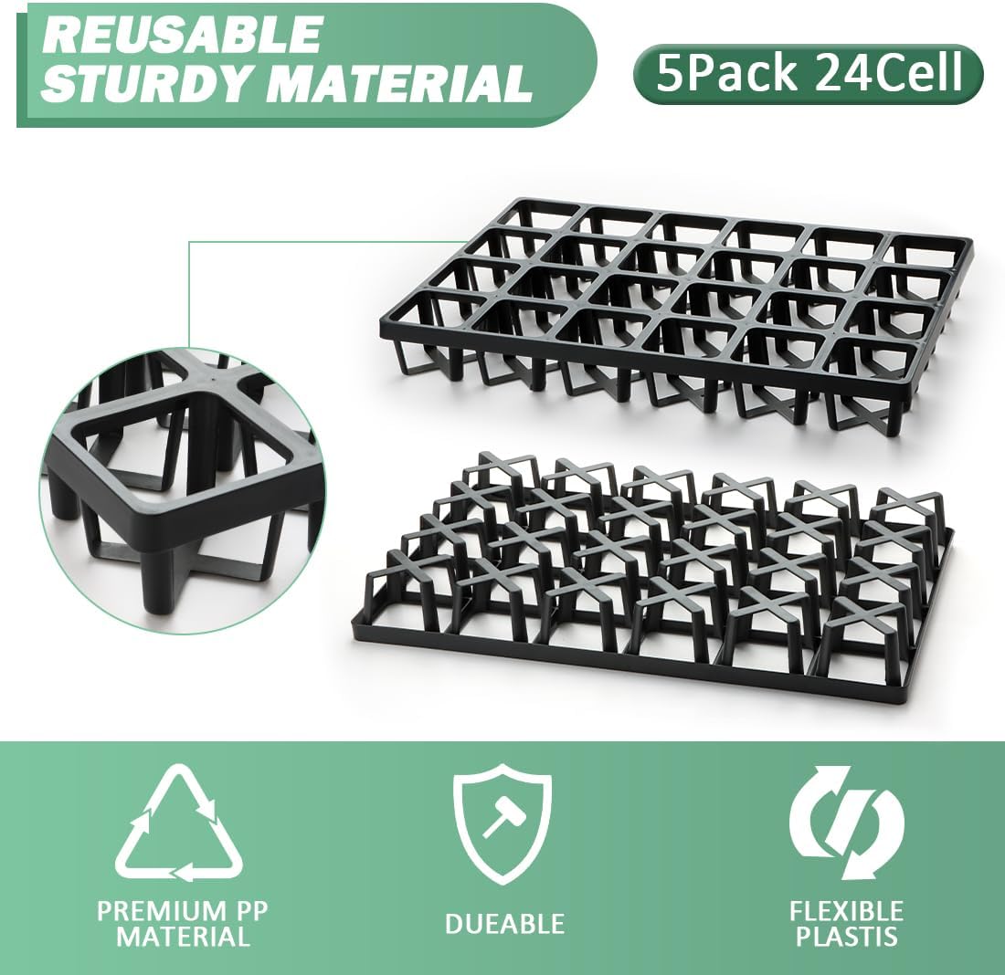 Square Nursery Pot Tray with 24 Cells, 5 Pack Plant Trays for Pots, Flower Pot Moving Tray, Plastic Planting Tray for Carrying Small Plant Pots(120 Cells in Total