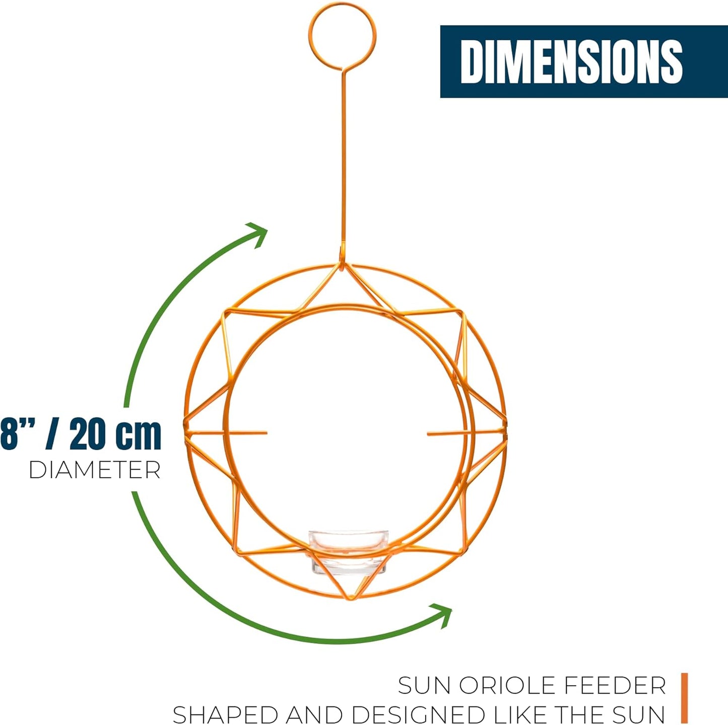 MEKKAPRO Sun Baltimore Oriole Feeder for Outdoors, Jelly and Orange Metal Bird Feeder, Unique Sun Design and Bright Color Oriole Bird Feeder, Open Top Hook, UV-Resistant Powder-Coated Steel (Single)