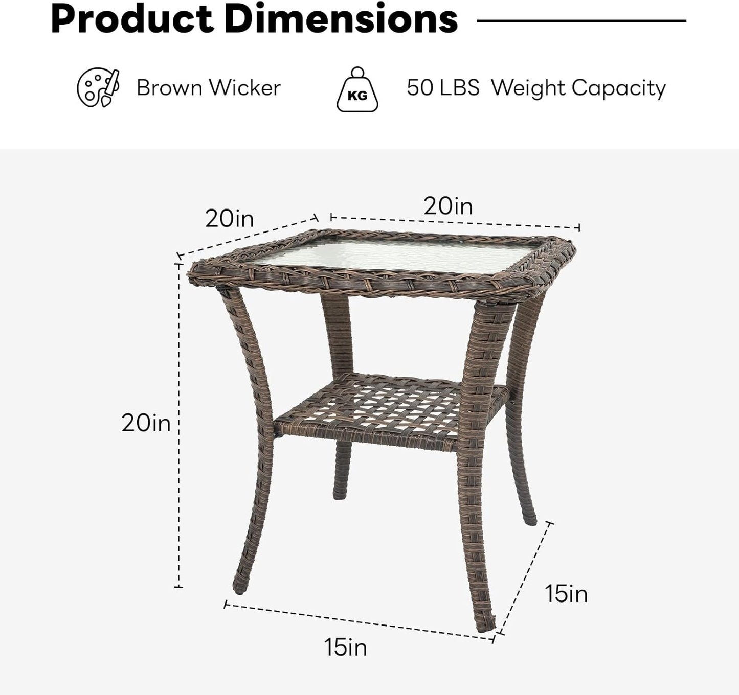 Handwoven Wicker Side Table - 20 Inch Small Outdoor Table 2 Tier Storage with Tempered Glass Top, All Weather Outdoor Patio End Tables for Deck Balcony Outside Brown
