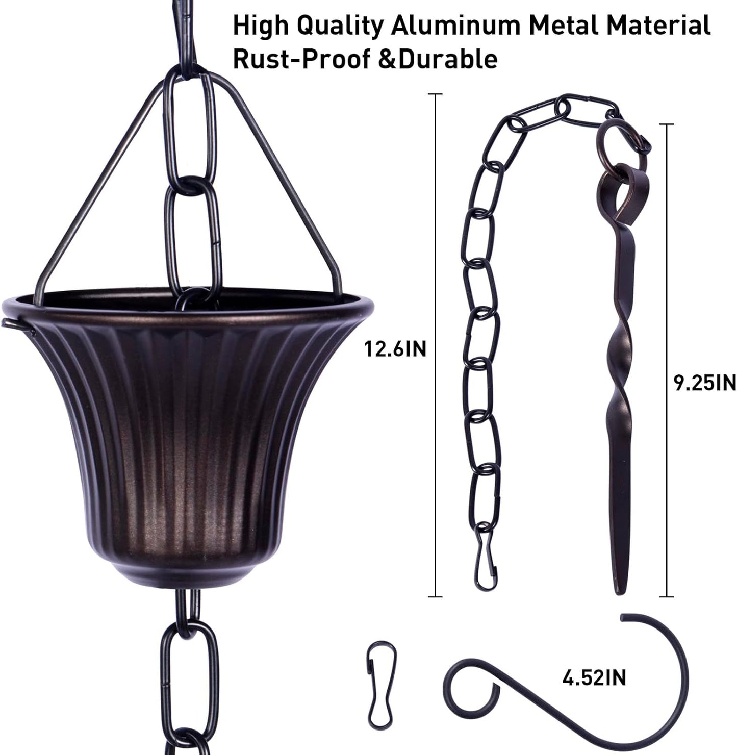 Rain Chain Set 8.5 Ft,Not Rust Wrought Iron Rain Chains for Gutters with Adapter Gotta Drain and Anchoring Stake, 14 Cups, 1 Hook, Adjustable Length for Garden Decorative (Coffee)
