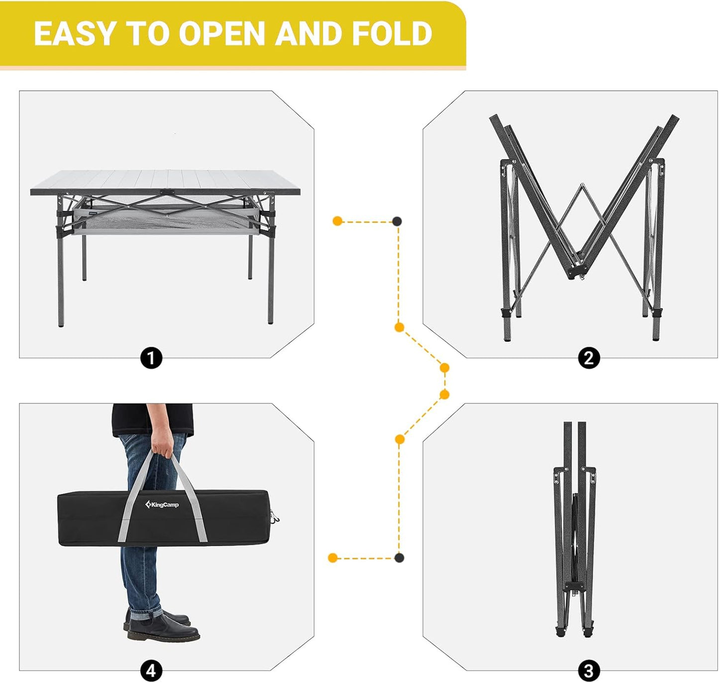 KingCamp Spacious Tabletop Area Aluminum Compact Roll 4-6 Person Stable Adjustable Feet Table with Carry Bag for Outdoor Camp Picnic, Black/Siver_53.5"×27.5" with Storage Layer