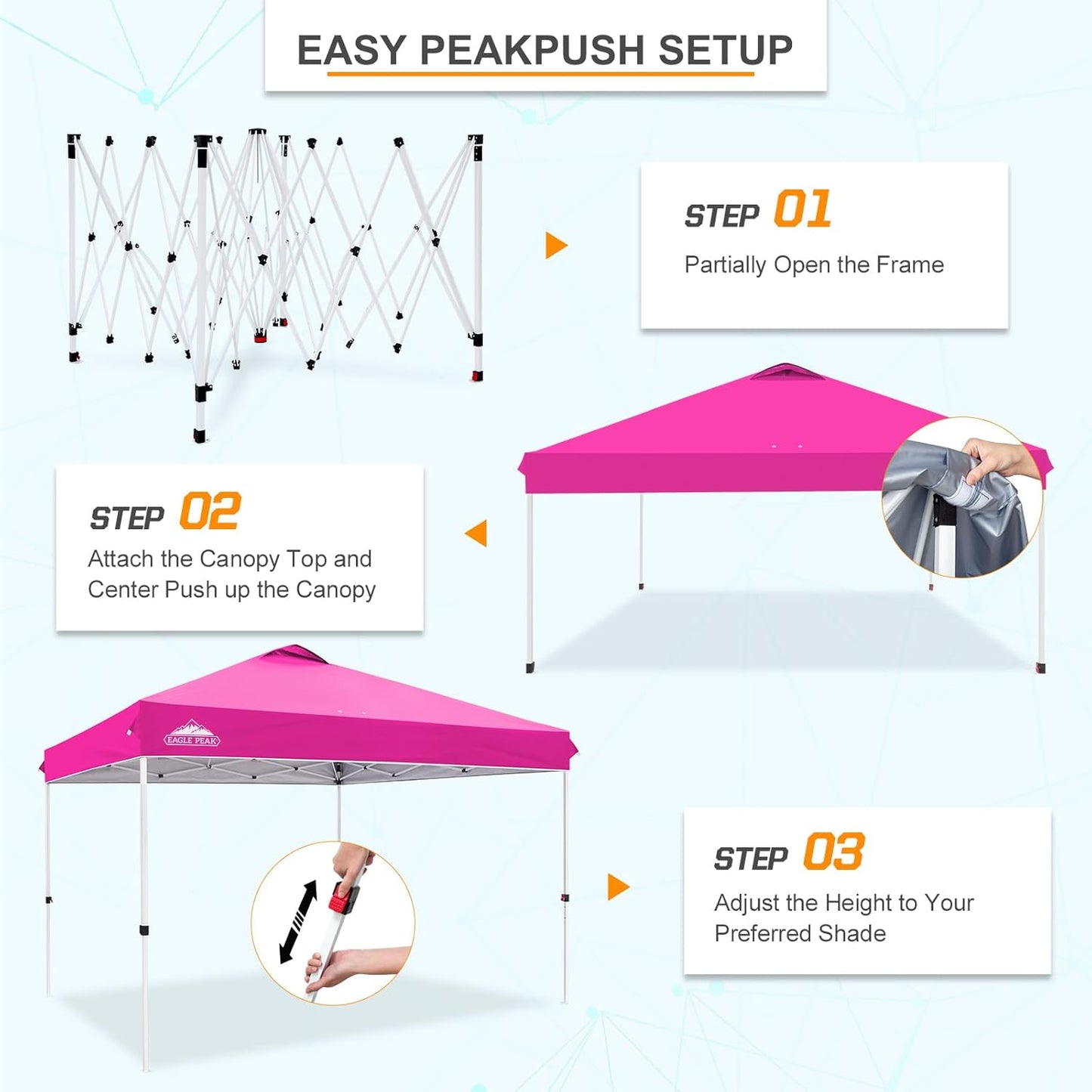 EAGLE PEAK Pop Up Canopy Tent with Wheeled Carry Bag, 8 Stakes, 4 Ropes, 4 Weight Bags, Easy Set Up Tent Canopy, 12x12 ft, 144sqft of Shade, Pink