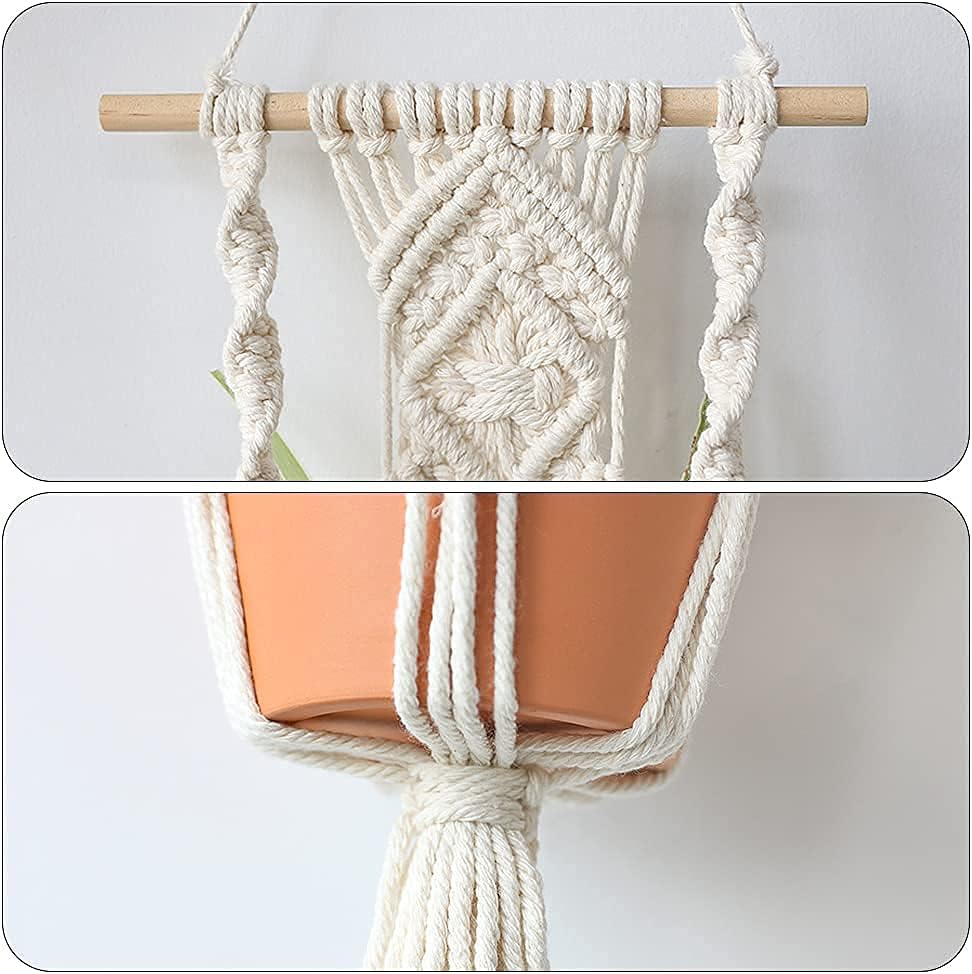 Boho Macrame Plant Hangers - Handmade Hemp Rope Hanging Baskets for Plants with Ceiling Hooks, Bohemian Home Decor Wall Art