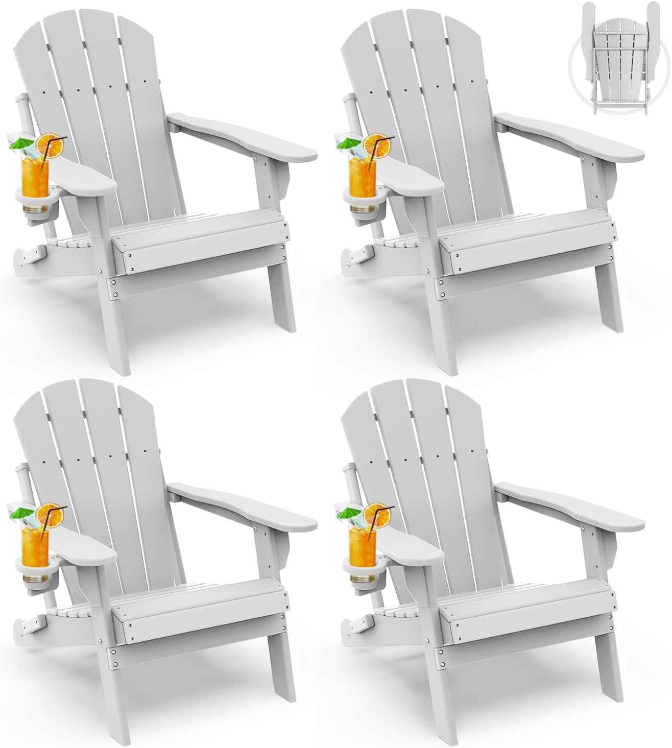 GREENVINES Folding-Adirondack-Chairs-Set-of-4 | HDPE Plastic | Fire Pit Chair | All Weather | Cup Holder | White | for Deck Backyard Patio Outdoor Garden