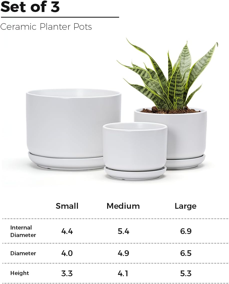 Ton Sin Plant Pots, 4.1+5.1+6.5 inch, Set of 3, Ceramic Planters with Drainage Hole and Saucer, Indoor Flower Pot with Hole Mesh Pad, Gifts for Mom(Matte White)