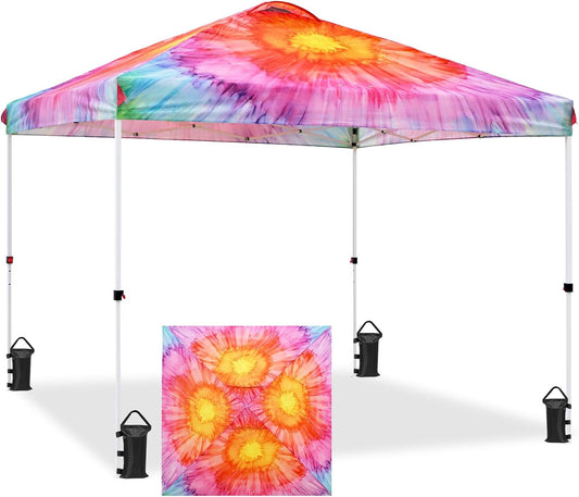 EAGLE PEAK Pop Up Canopy Tent with Wheeled Carry Bag, 8 Stakes, 4 Ropes, 4 Weight Bags, Easy Set Up Tent Canopy, 10x10 ft, 100sqft of Shade, Floral Tie Dye