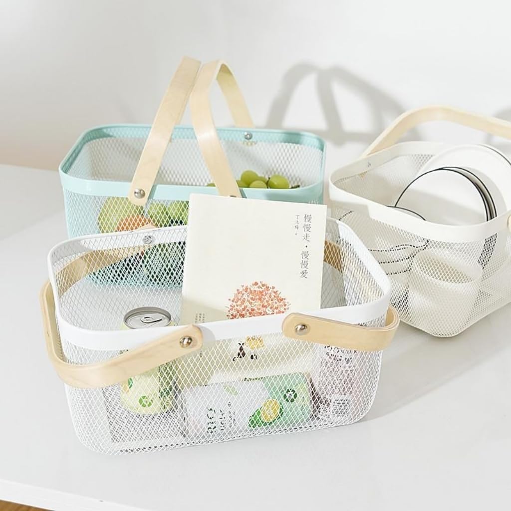 Portable Mesh Harvest Basket - Natural Bamboo Handle Foldable Organizer for Kitchen, Garden & Picnic | Ventilated Storage Bin with Rust-Proof Wire, Space-Saving Farmhouse Decor (Nebula Green)