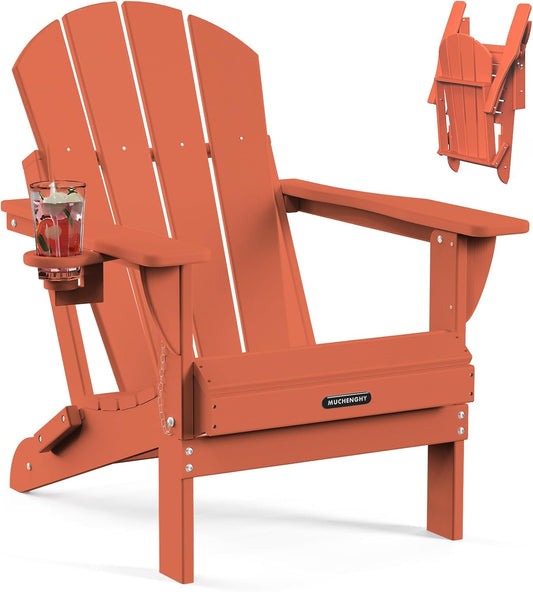 MUCHENGHY Folding Adirondack Chairs, Patio Chairs, Lawn Chairs, Outdoor Chair, Adirondack Chair Plastic, Fire Pit, Weather Resistant with Cup Holder for Deck, Backyard, Garden(Orange)