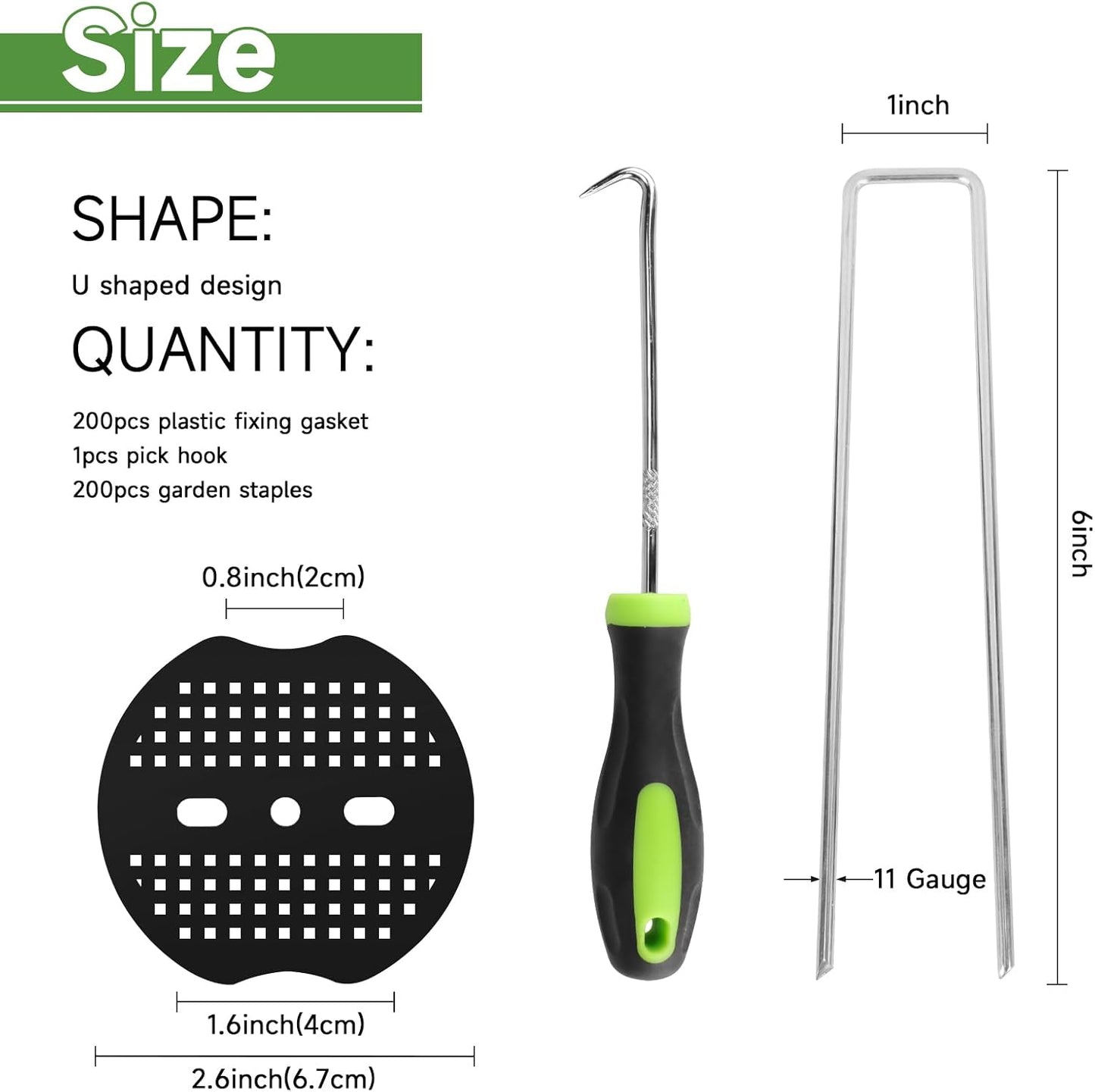 Garden Stakes,6 Inch 11 Gauge 200pcs Galvanized Landscape Staples and 200pcs Gaskets +1Pick Hook, Tent Stakes Landscaping Fabric SOD Pins for Weed Fabric Barrier,Groud Cover,Fence