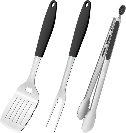 BBQ Grilling Accessories, 3Pcs Stainless Steel Grill Tools Accessories Set with Spatula, Fork and Tongs, Barbecue Utensils Grilling Tools for Outdoor Camping, Heat-Resistant Silicone Handle