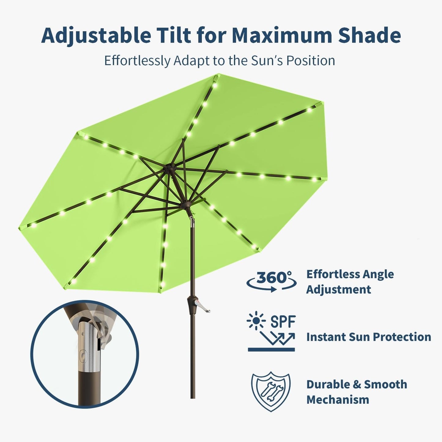 9FT Solar Umbrella 32 LED Lighted Patio Umbrella Table Market Umbrella w/Tilt and Crank, UV-Resistant Outdoor Umbrella for Pool, Garden, Deck, Apple Green