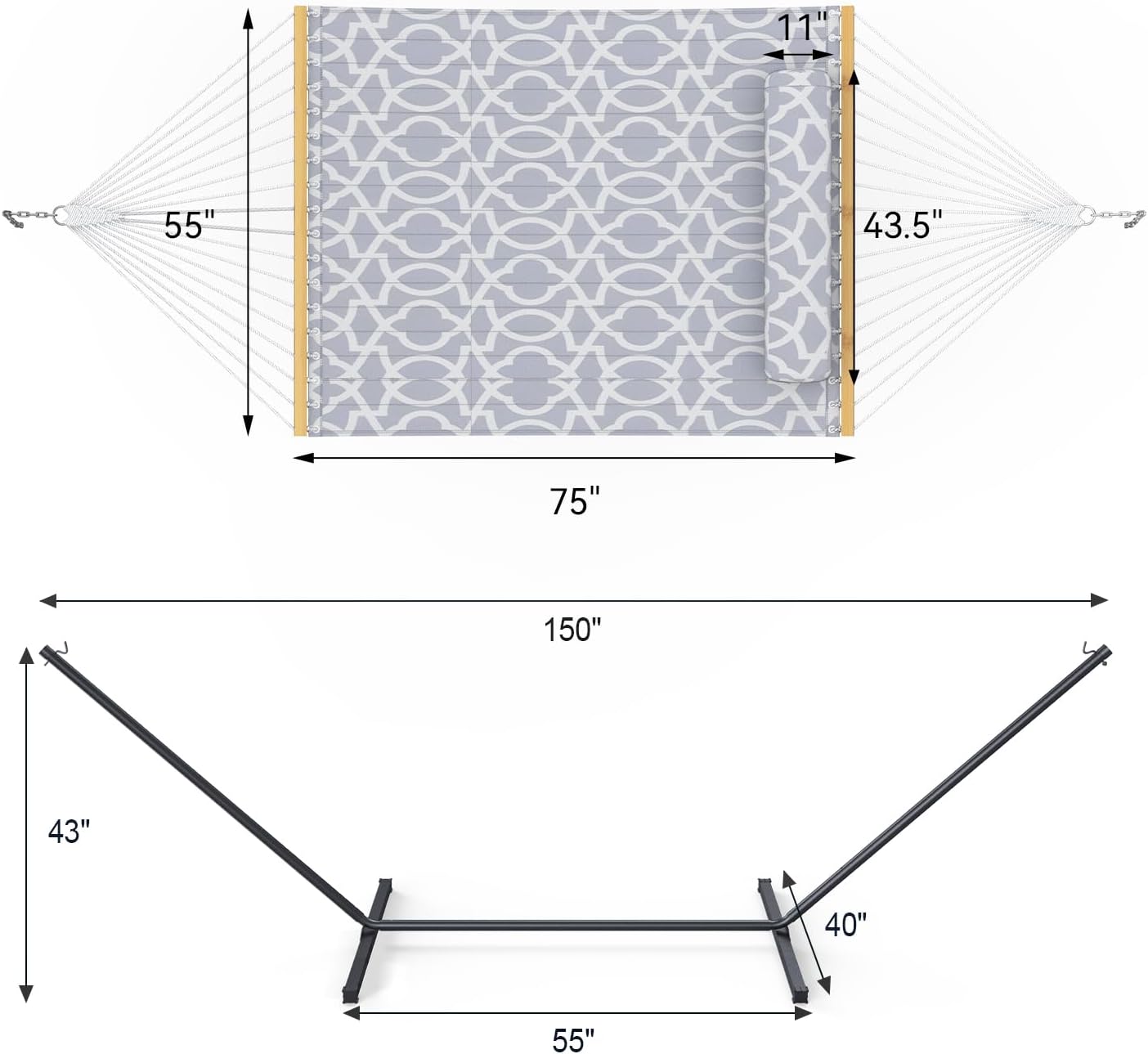 2 Person Outdoor Hammock with Stand, Cotton Rope Hammock with Polyester Pad, Adjustable Steel Frame, Portable with Carrying Bag – for Patio, Backyard, Garden, Beach, White-Gray