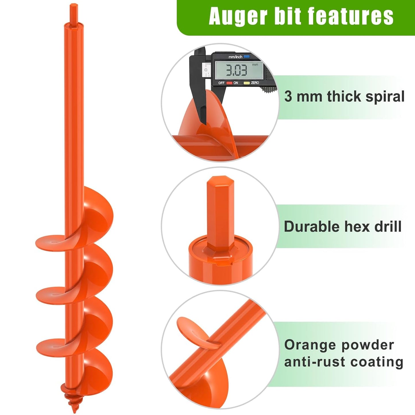 Auger Drill Bit for Planting 4 x 24'', Threaded Garden Auger Post Hole Digger, Spiral Drill Earth Dirt Soil Augers for Bulb, Tulip, Tree, Fence Post and Umbrella Holes, Fits in 3/8” Drill Chuck