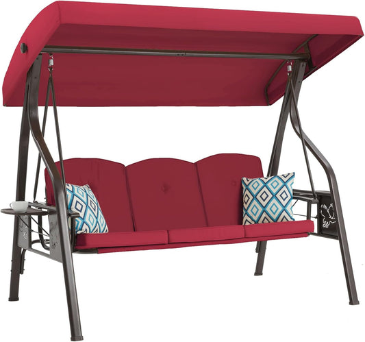 3-Seat Outdoor Porch Swing with Stand, Patio Swing with Canopy, 2 in 1 Porch Swing Bed & Patio Swing Chair for Adult w/Extra Pillows and Cup Holder for Yard (Wine Red)