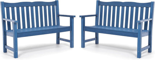 Outdoor Benches Set of 2, 2-Person All-Weather HIPS Garden Bench with 800 lbs Weight Capacity, Never Rot or Fade, Blue