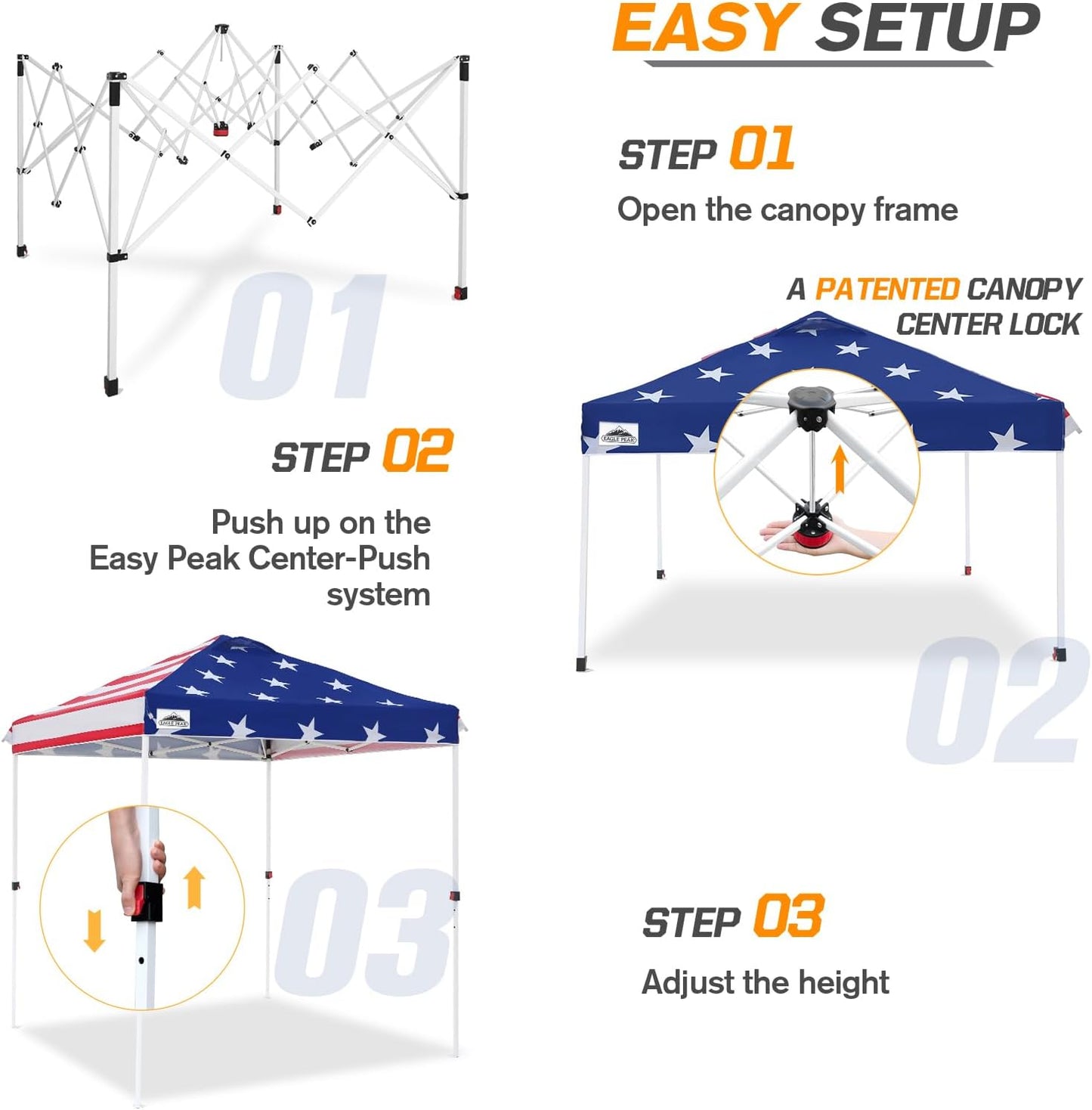 EAGLE PEAK Pop Up Canopy Tent with Wheeled Carry Bag, 8 Stakes, 4 Ropes, Easy Set Up Tent Canopy, 6.6x6.6 ft, American Flag